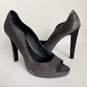 Rebecca Minkoff Ben Peep Toe Platform Pumps Silver Sparkle Metallic Size 10